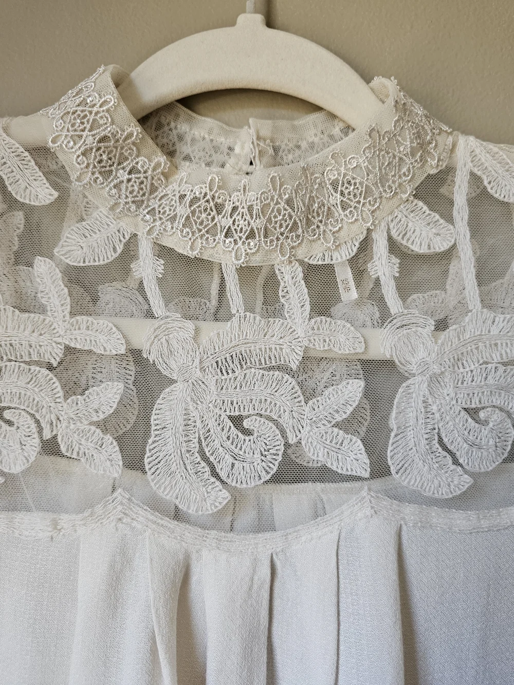 Free People Ivory Lace High Neck Boho Blouse XS Sheer Embroidered Top